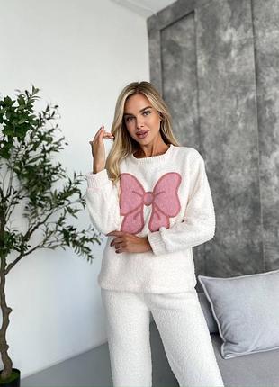 Мягкая нежная мыщая пижама пижамка бант рисунок брюки кофта длинный рукав манжеты высокая посадка брюк домашний костюм брючный