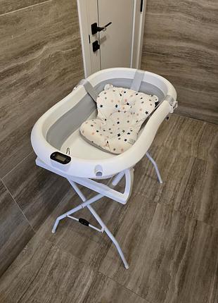 Детская ванночка для купания новорожденных с подставкой термометром и подушкой primabo серая