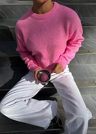 Жіночий в'язаний укорочений короткий светр рожевий