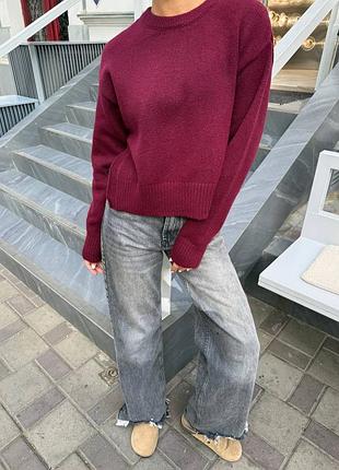 Женский вязаный укороченный короткий свитер бордовый бургунди бордо