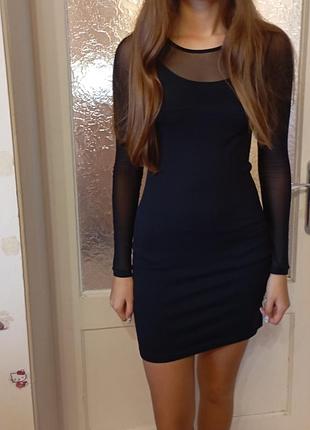 Платье черное трикотажное с прозрачными рукавами и кокеткой zara