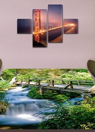 Виниловая наклейка на стол деревянный мост через реку декоративная пленка самоклеющаяся, зеленый 60 х 100 см