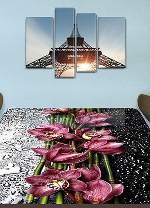 Наклейка на стол бордовые орхидеи и капли росы инь-янь, самоклеющаяся пленка декор, цветы, черный 60 х 100 см