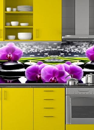Кухонная панель на фартук фиолетовые орхидеи на черных камнях (скинали пластиковые) пэт 62х205 см, 1,2 мм