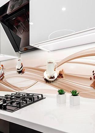 Наклейка на кухонный фартук 60 х 250 см, фотопечать с защитной ламинацией кофейные зерна, чашка кофе,