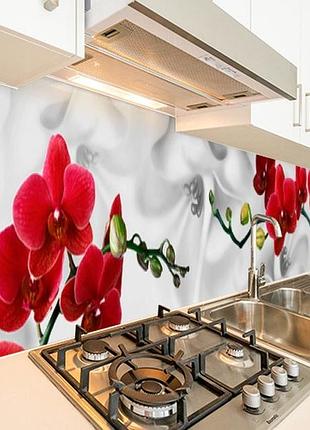 Панель на кухонный фартук жесткая орхидеи на белом атласе, с двухсторонним скотчем 62 х 205 см, 1,2 мм