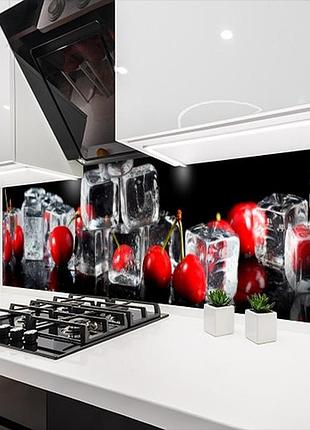 Наклейка на кухонний фартух 60 х 200 см, з фотодруком та захисною ламінацією вишні в кубиках льоду (бп-s_ed588)