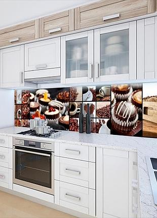 Наклейка на кухонный фартук 60 х 200 см, фотопечать с защитной ламинацией коллаж с тортом и кофе (бп-s_ed612)