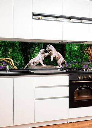 Наклейка на кухонный фартук 60 х 250 см, фотопечать с защитной ламинацией тигры, попугаи в джунглях