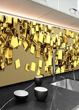 Кухонная панель жесткая пэт парящие кубы золотые, с двухсторонним скотчем 62 х 205 см, 1,2 мм