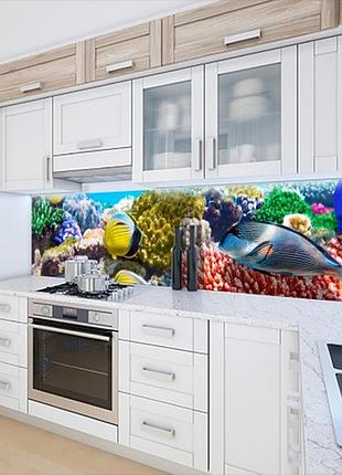 Панель на кухонный фартук жесткая с морской флорой, с двухсторонним скотчем 62 х 205 см, 1,2 мм
