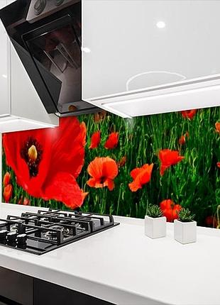 Кухонна плитка на кухонний фартух маки червоні в полі, з двостороннім скотчем 62 х 205 см, 1,2 мм