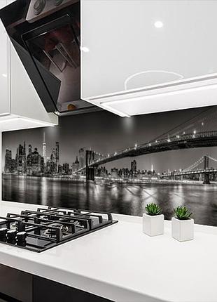 Кухонная панель жесткая пэт мост бруклинский черно белый, с двухсторонним скотчем 62 х 205 см, 1,2 мм