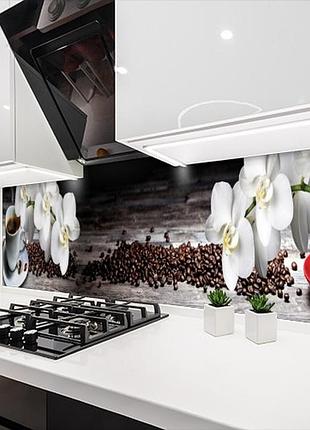 Наклейка на кухонный фартук 60 х 200 см, фотопечать с защитной ламинацией орхидеи с кофейными зернами