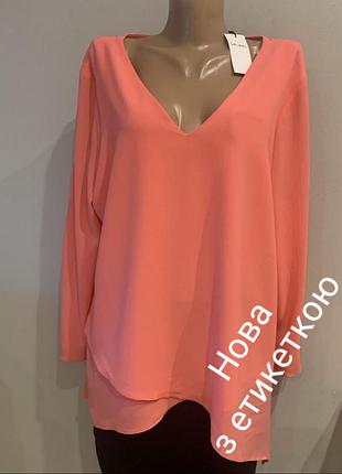 Элегантная новая брендовая удлиненная блузка / туника розовый коралл, батал