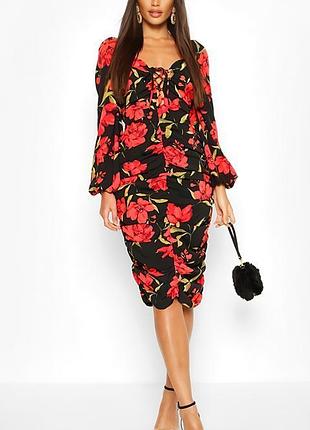 Шикарное платье-миди цветочный принт