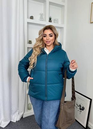 Теплая женская деми куртка батал изумрудная плащевка лаке на синтепоне большие размеры синтепон 200