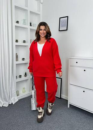 Теплый женский флисовый костюм батал красный качественный флис полар джемпер и брюки джоггеры большие размеры