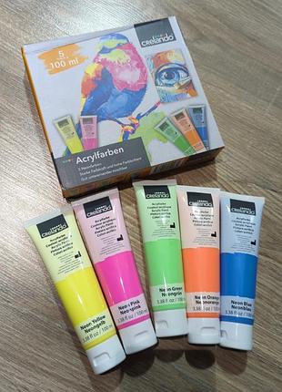 Яскраві неонові акрилові фарби 5 шт по 100 мл