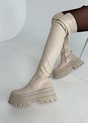 Бежеві ботфорти на платформі класичні ботфорти шкіряні високі ботфорти на високій платформі світлі ботфорти беж сапоги бежеві бодфорди