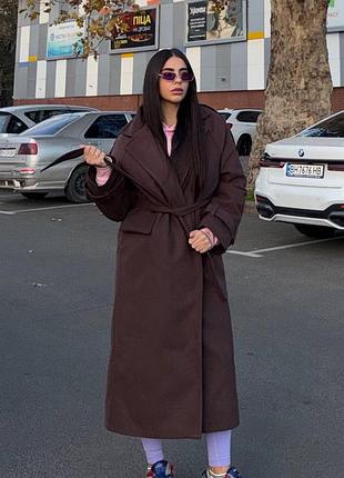 Жіноче довге пальто утеплене кашемір шоколадне на запах з поясом осінь весна