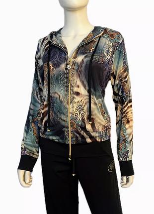 Жіноча неймовірна стильна кофта на блискавці з абстрактним і тваринним принтом зі штучного шовку прикрашений стразами