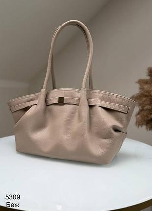 Женская сумка сумочка средняя бежевая трапеция из кожзаменителя из искусственной кожи с длинными ручками на молнии