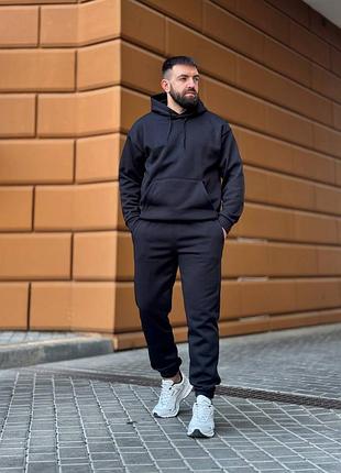 Мужской черный спортивный костюм оверсайз трехнитка на флисе