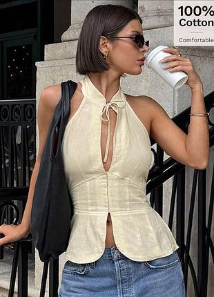 Белый кремовый корсетный топ молочный с вырезом с открытой спинкой хлопок в азиатском стиле на крючках блуза блузка