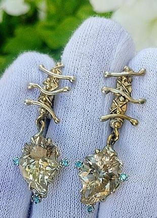 Сережки "крила" срібні позолочені з цитрінами й блакитними топазами.