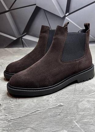 Чоловічі зимові челсі черевики коричеві з натуральної замші, замшеві черевики 8550