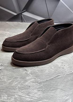 Мужские лоферы ботинки зимние на меху коричневые натуральная замша, замшевые 1627