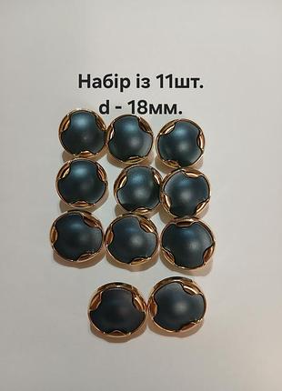 Набор из 11 пуговиц д.18мм, синие с золотом.