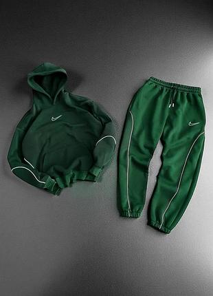 Спортивный костюм женский / мужской зеленый с капюшоном оверсайз на флисе теплый осенний весенний зимний