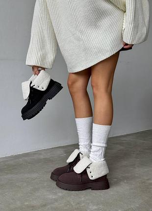 Ботинки берцы с отворотами мехом тедди зимние замшевые черные коричневые шоколадные 11194 11195