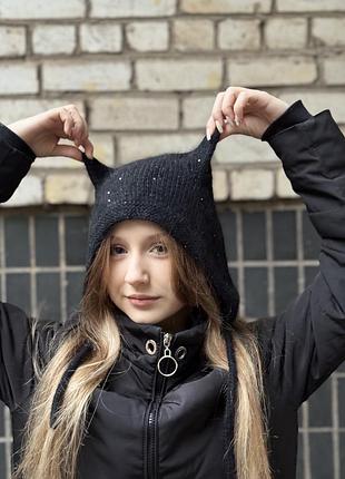 Чорний кото чепчик з ангори з мікро паєтками ✨ модна жіноча шапка, ручна робота