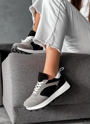 Кроссовки женские alpin серые + черные, натуральная кожа 8573