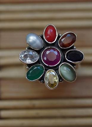 Астрологическое защитное кольцо 9 планет наваграха. размер 16,5 серебро индия амулет