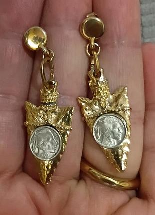Серьги винтаж, наконечники на стрелы с монетами индейцев, очень интересные оригинальные,вес,текстурные