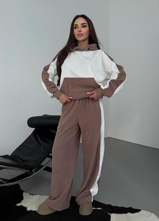 Двухцветный флисовый спортивный костюм из худи с капюшоном с карманом кенгуру с брюками палаццо