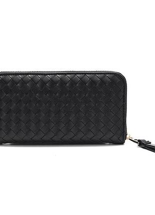 Кошелёк женский из экокожи чёрный с плетёным тиснением