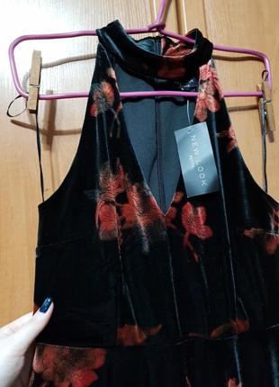 Красивое веллюровое бархатное платье, нарядное чёрное короткое платье в цветах, сукня4 фото