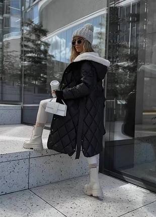 Зимова куртка плащ утеплена стьобана на завязці регулюється знизу з поясом довга тепле замова рекавчик еко хутро