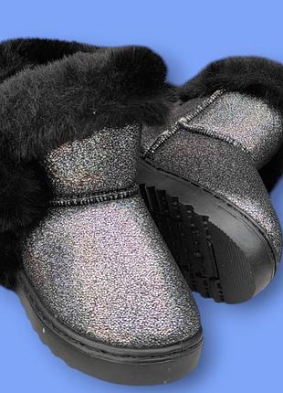 Детские зимние угги с опушкой для девочки черные замшевые (эко)напыление переливается