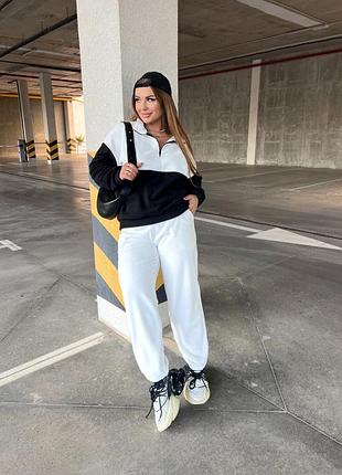 Двухцветный флисовый спортивный костюм с свитшотом с воротником на молнии с брюками джоггерами