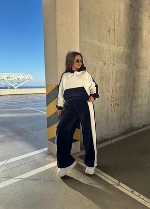 Двухцветный флисовый спортивный костюм из худи с капюшоном с карманом кенгуру с брюками палаццо