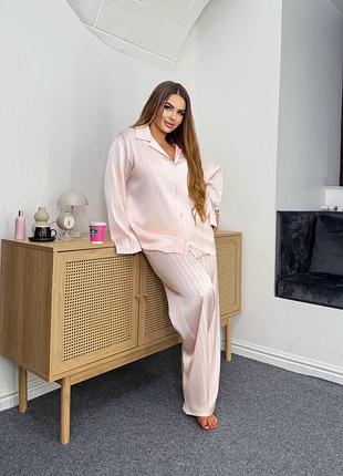 Жіноча шовкова піжама у смужку | сорочка та брюки | 1825