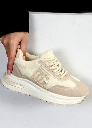 Натуральные утепленные кроссовки с мехом тедди