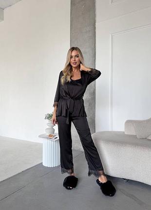 Чорна сатинова піжама четвірка з мереживом  халат + штани + шорти + майка 9193