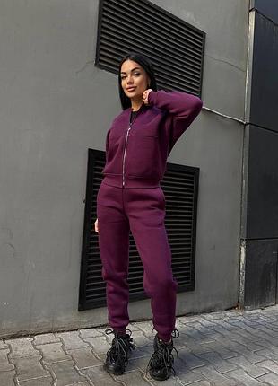 ‼️не кошлатиться‼️теплый костюм на флисе кофта + джоггеры трехнить футер фиолетовый, утепленный спортивный костюм без капюшона, 766
